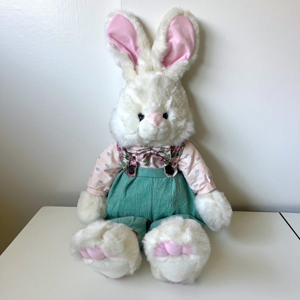 Vintage Fine Toy White Bunny Rabbit Plush Floral Outfit 27" Large Stuffed Animal